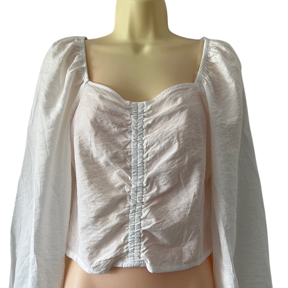 A New Day White Cropped Boho Blouse Festival Bohemian Long Sleeves Smocked